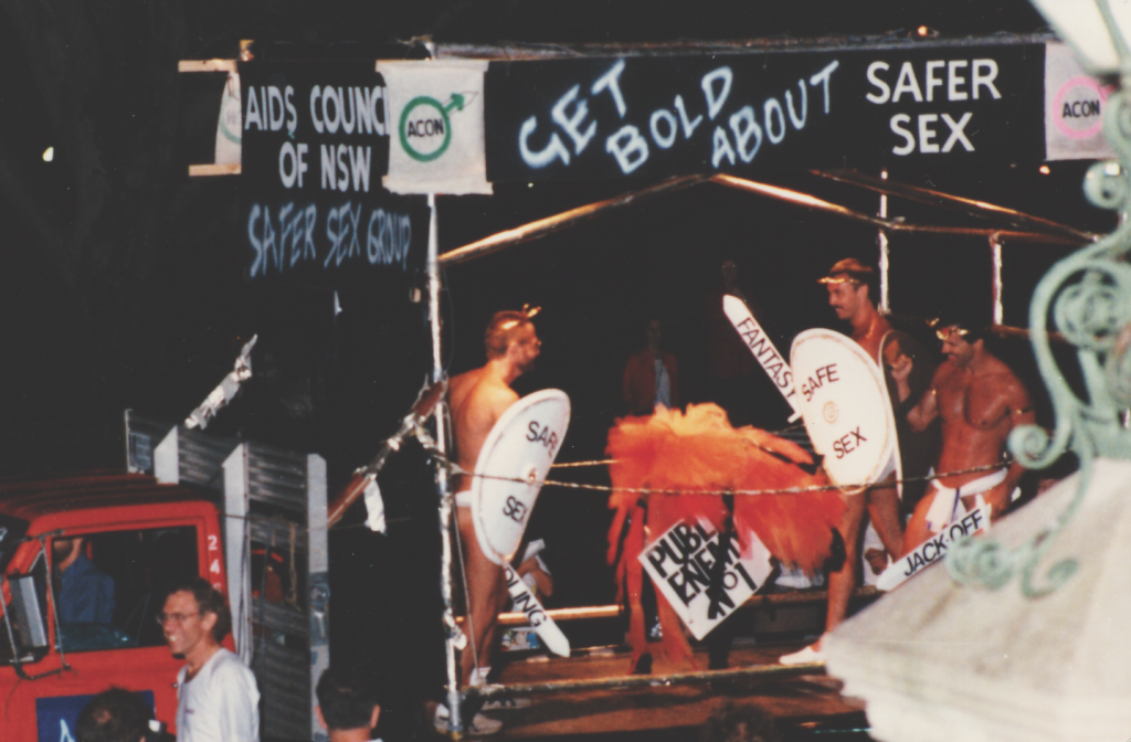 ACON’s first Mardi Gras Float, 1986. Since this first entry, ACON’s Mardi Gras float has grown to one of the largest in the parade. (Source: Star Observer archives)