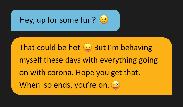 Two speech bubbles reading: 'Hey. Up for some fun?' Followed by: 'That could be hot :P But I’m behaving myself these days with everything going on with corona. Hope you get that. When iso ends, you’re on.'